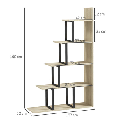 HOMCOM 5-Tier Bookcase, Wooden Ladder Bookshelf Display Stand, Oak