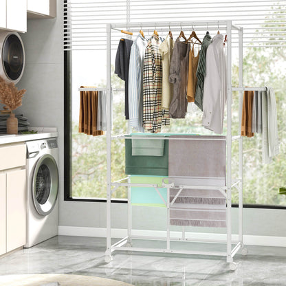 H-shaped Clothes Drying Rack Collapsible with Detachable Middle Shelf-White