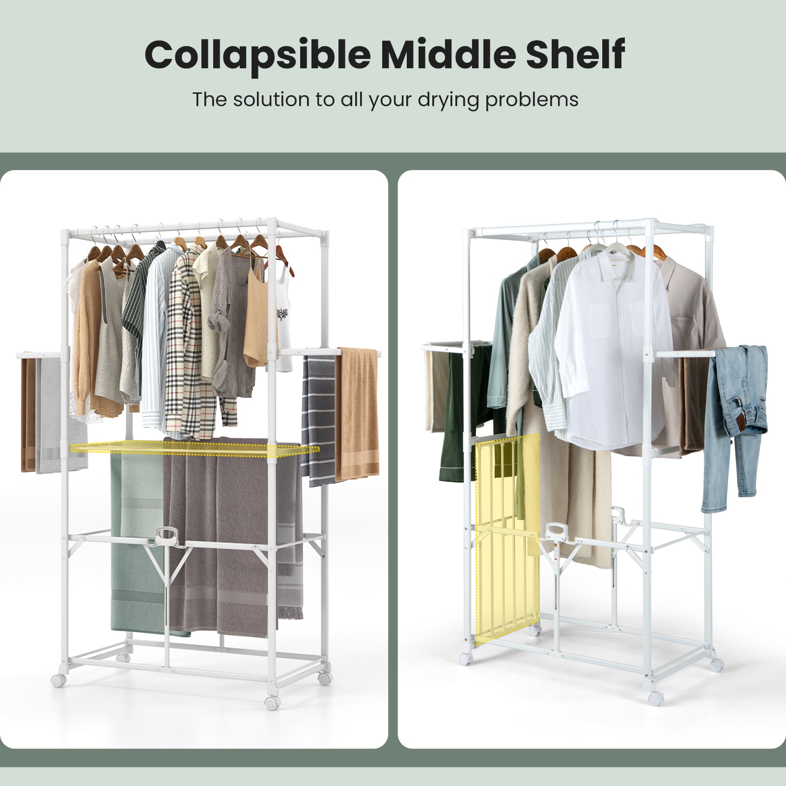 H-shaped Clothes Drying Rack Collapsible with Detachable Middle Shelf-White