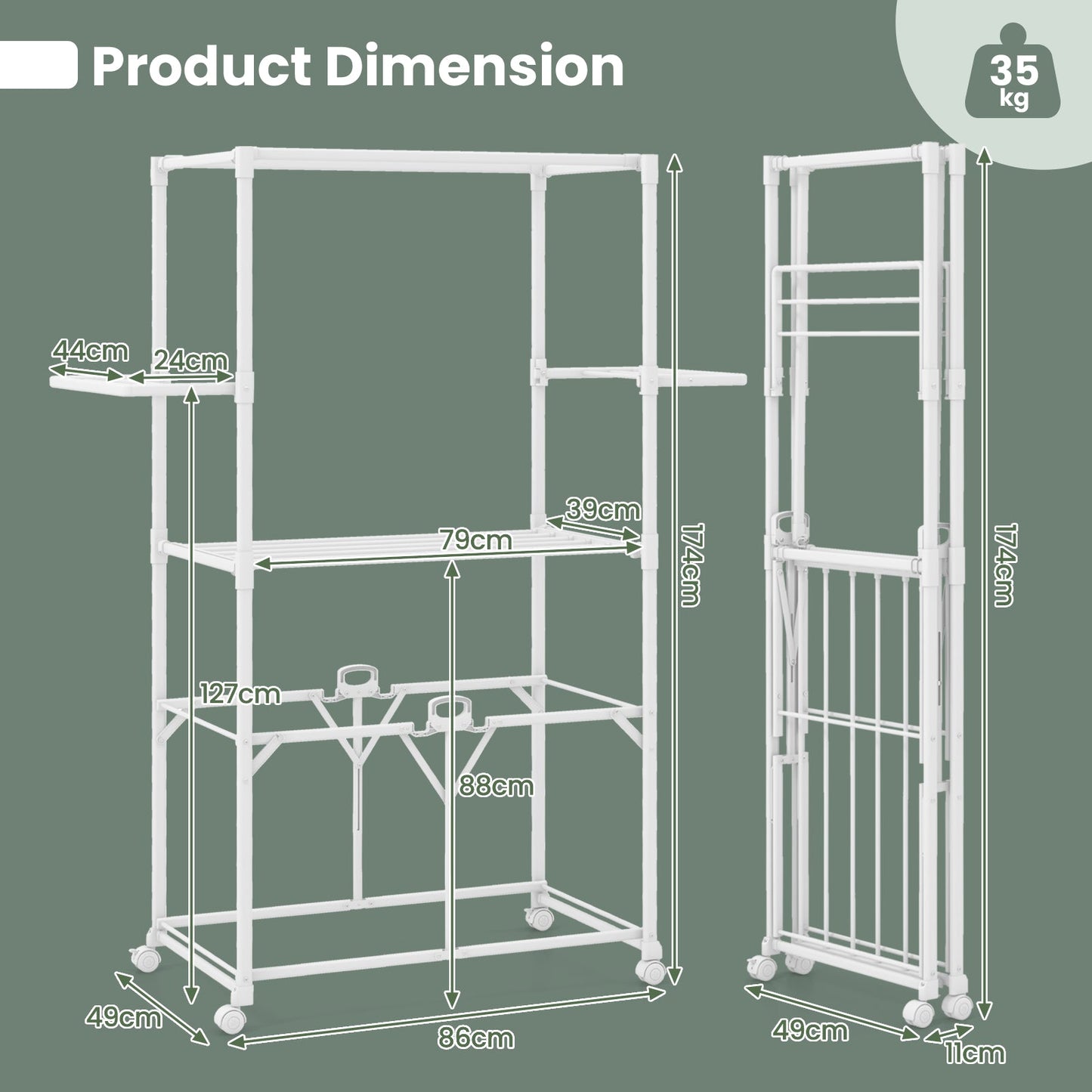 H-shaped Clothes Drying Rack Collapsible with Detachable Middle Shelf-White
