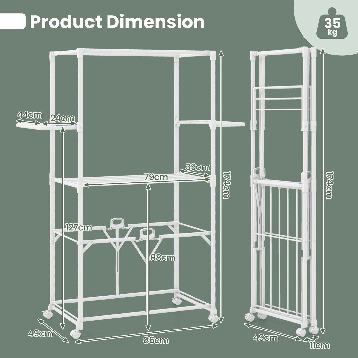 H-shaped Clothes Drying Rack Collapsible with Detachable Middle Shelf-White