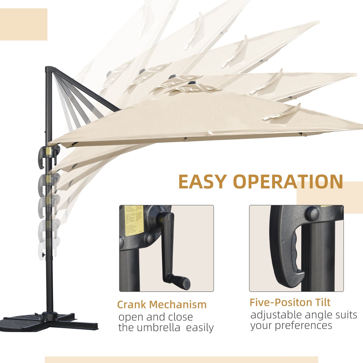 Outsunny 2.7 x 2.7 m Cantilever Parasol, Square Overhanging Umbrella with Cross Base, Crank Handle, Tilt, 360 Rotation and Aluminium Frame, Cream White