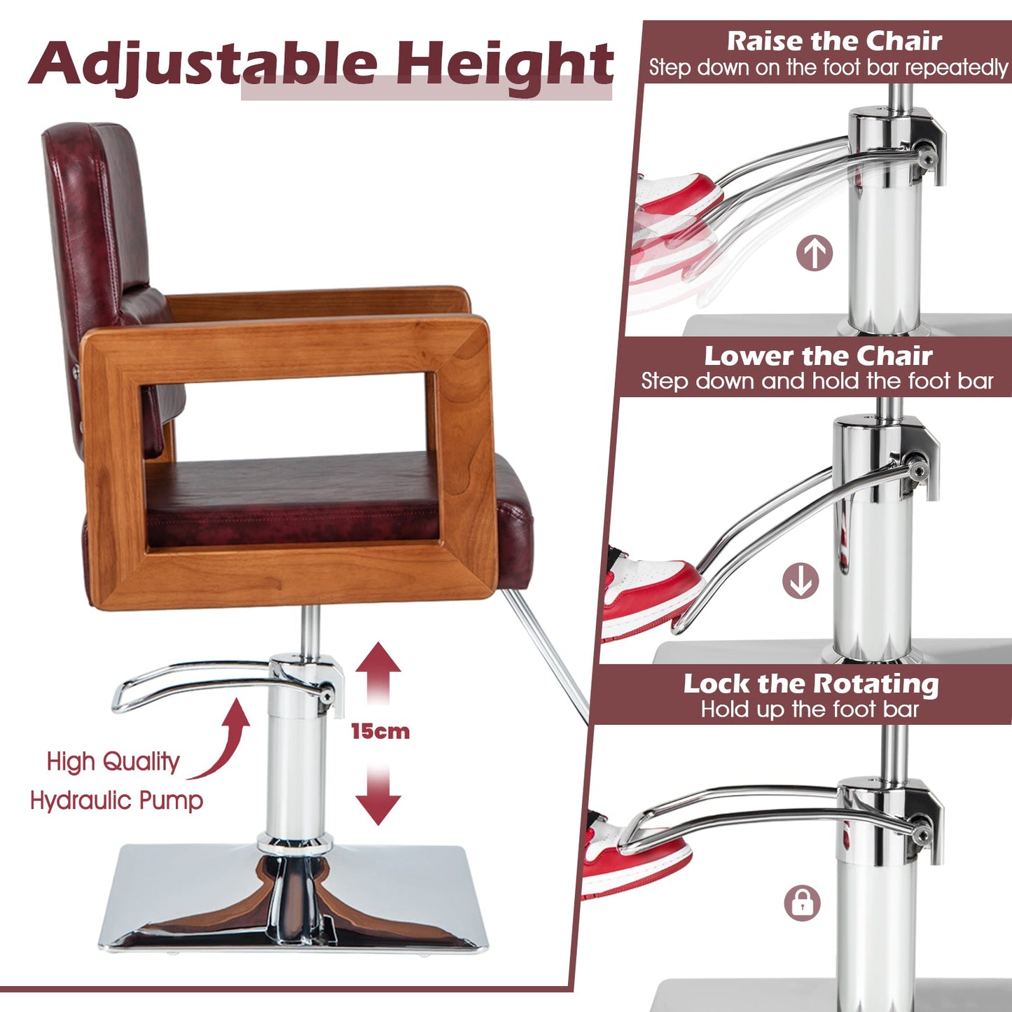 Hydraulic Barber Chair with 360 Degrees Swivel and Height Adjustment-Red
