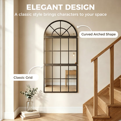 HOMCOM Large Arched Wall Mirror with Metal Grid, 3-Piece Split Window Mirrors, 120 x 54 cm, Black