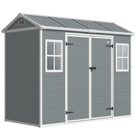 Outsunny 8 x 4 ft Plastic Garden Shed, Wood-Effect Outdoor Storage Shed with Floor, Windows, Lockable Doors and Vents, Light Grey