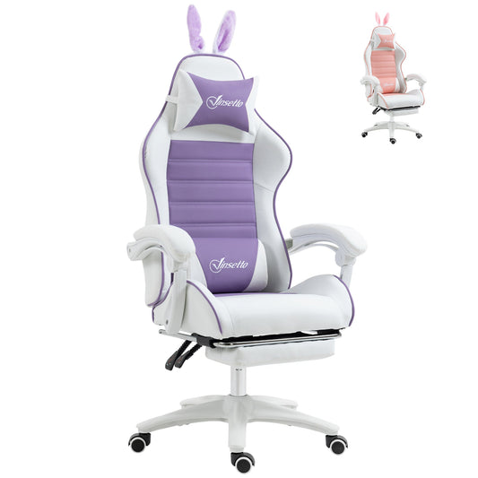 Vinsetto Racing Gaming Chair, Reclining PU Leather Computer Chair with Removable Rabbit Ears, Footrest, Headrest and Lumber Support, Purple