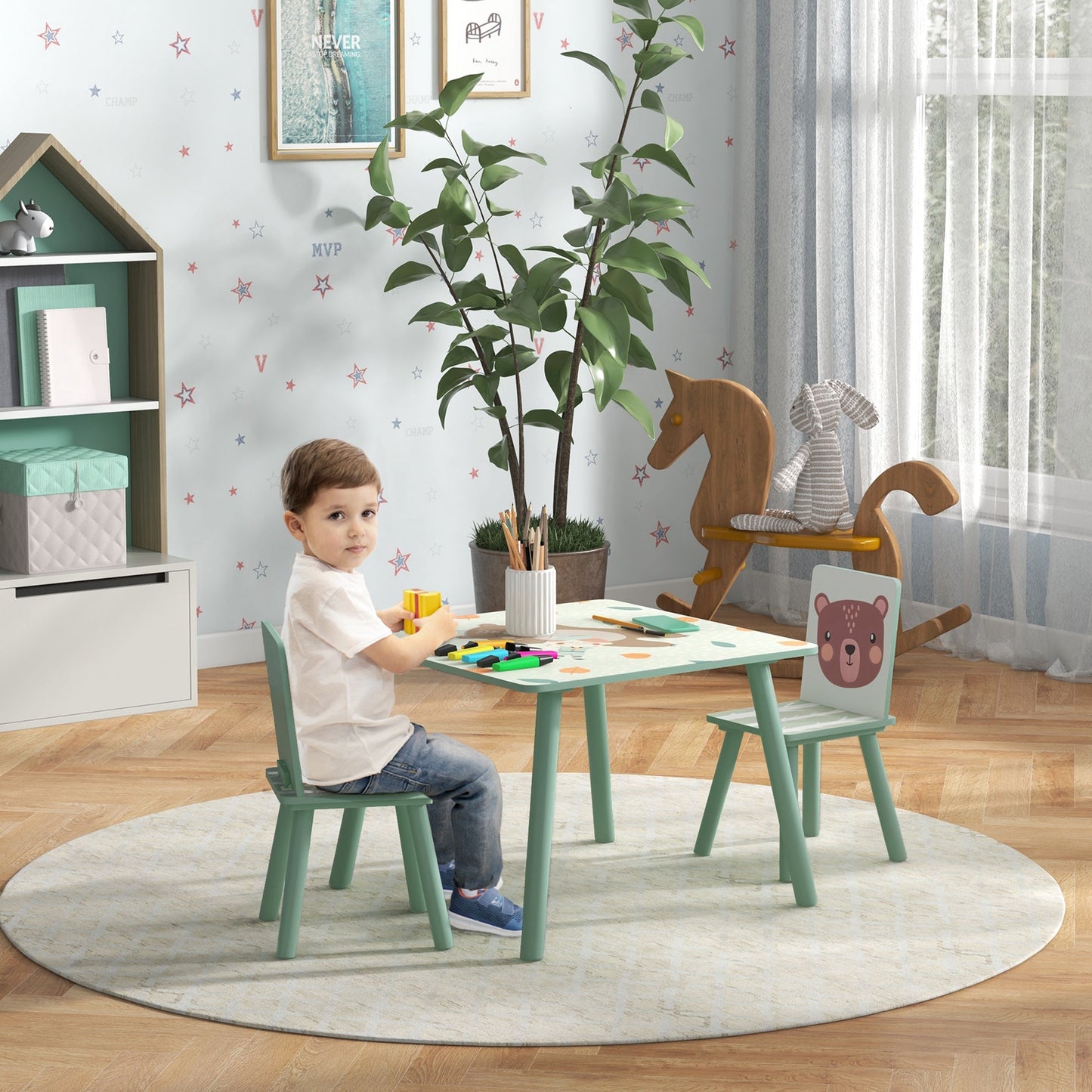 ZONEKIZ Kids and Table Chairs, Children’s Desk with Two Chairs, مجموعة أثاث للأطفال الصغار، للأعمار من 3 إلى 6 سنوات - أخضر