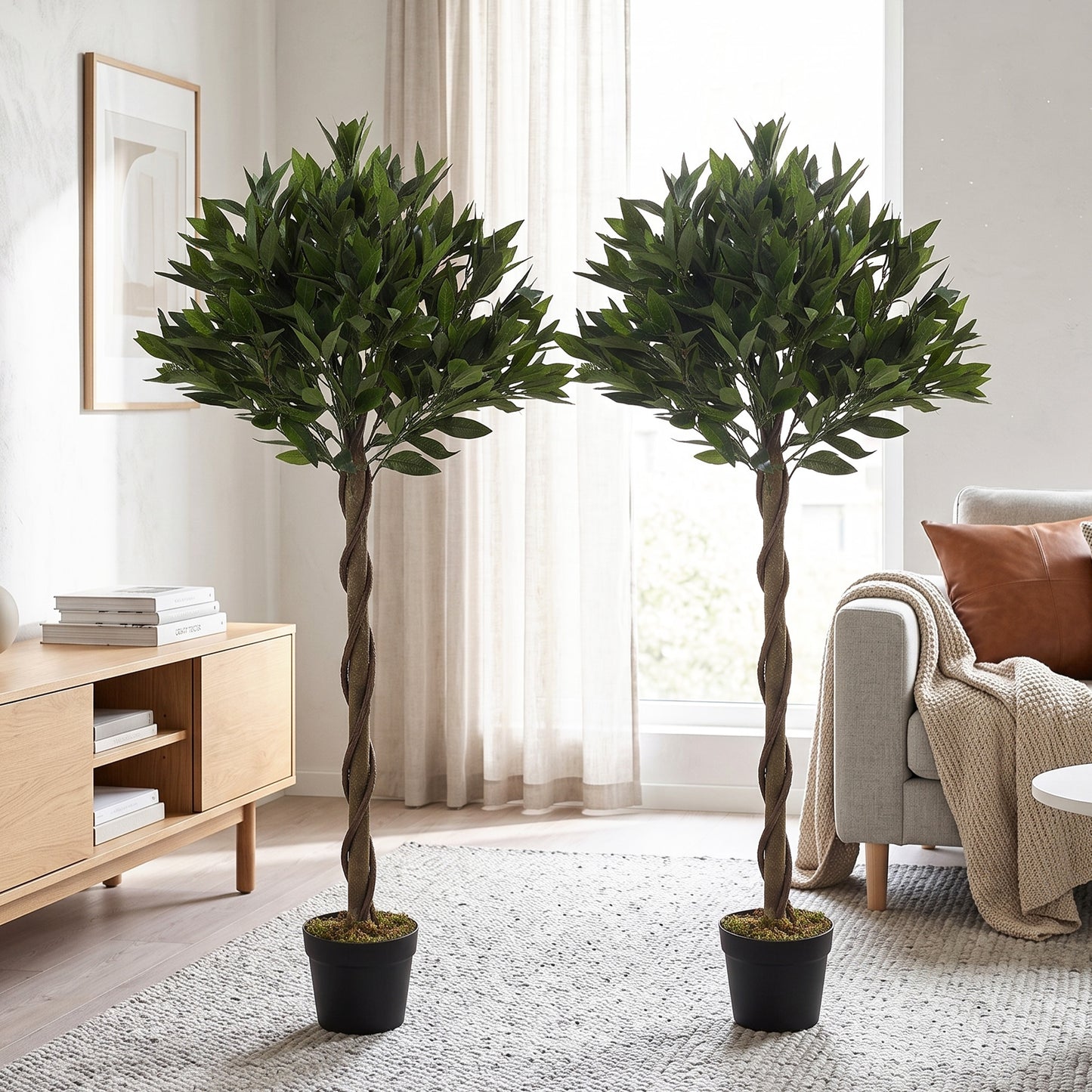 Outsunny Artificial Bay Laurel Topiary Trees with Twisted Trunk, Realistic Lush Topiary Ball Tree with Weighted Pot, Set of 2