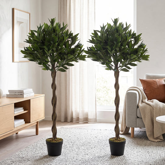 Outsunny Artificial Bay Laurel Topiary Trees with Twisted Trunk, Realistic Lush Topiary Ball Tree with Weighted Pot, Set of 2