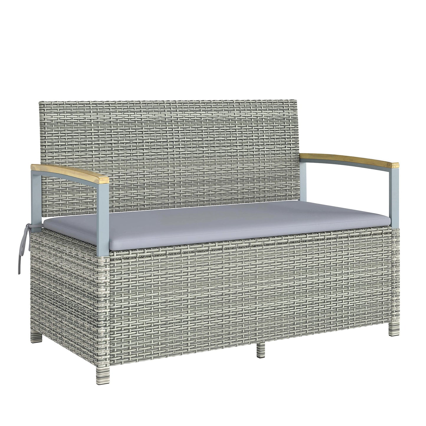 Outsunny 144 L Garden Storage Bench with Zipped Liner, 2 Seater Rattan Garden Bench with Storage, Gas Strut, Cushion, Light Grey