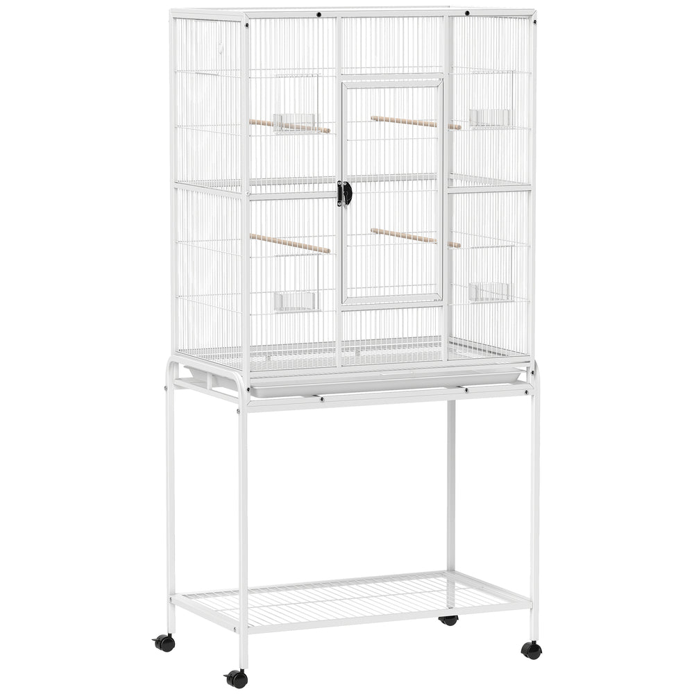 PawHut Large Bird Cage Budgie Cage with Stand, Storage Shelf, Wood Perch for Parrot, 81 x 48 x 162.5 cm, White
