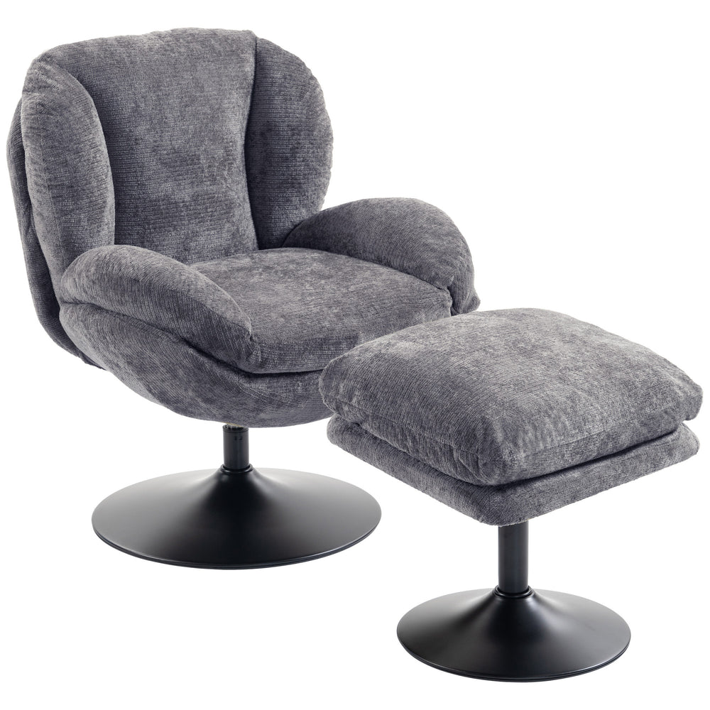 HOMCOM Modern Chenille Lazy Chair with Ottoman, 360° Swivel, Upholstered Reading Seat Set for Living Room, Dark Grey