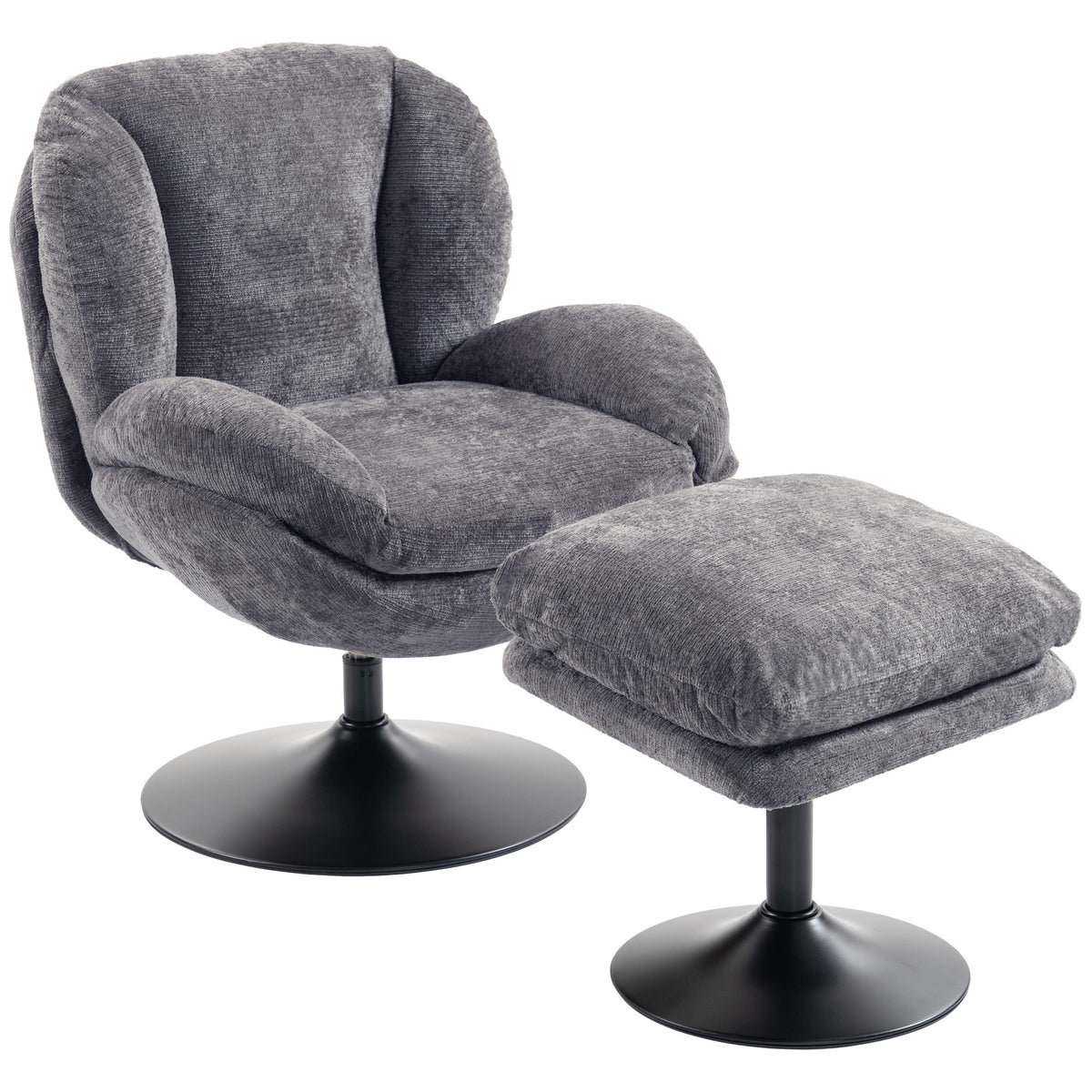 HOMCOM Modern Chenille Lazy Chair with Ottoman, 360° Swivel, Upholstered Reading Seat Set for Living Room, Dark Grey