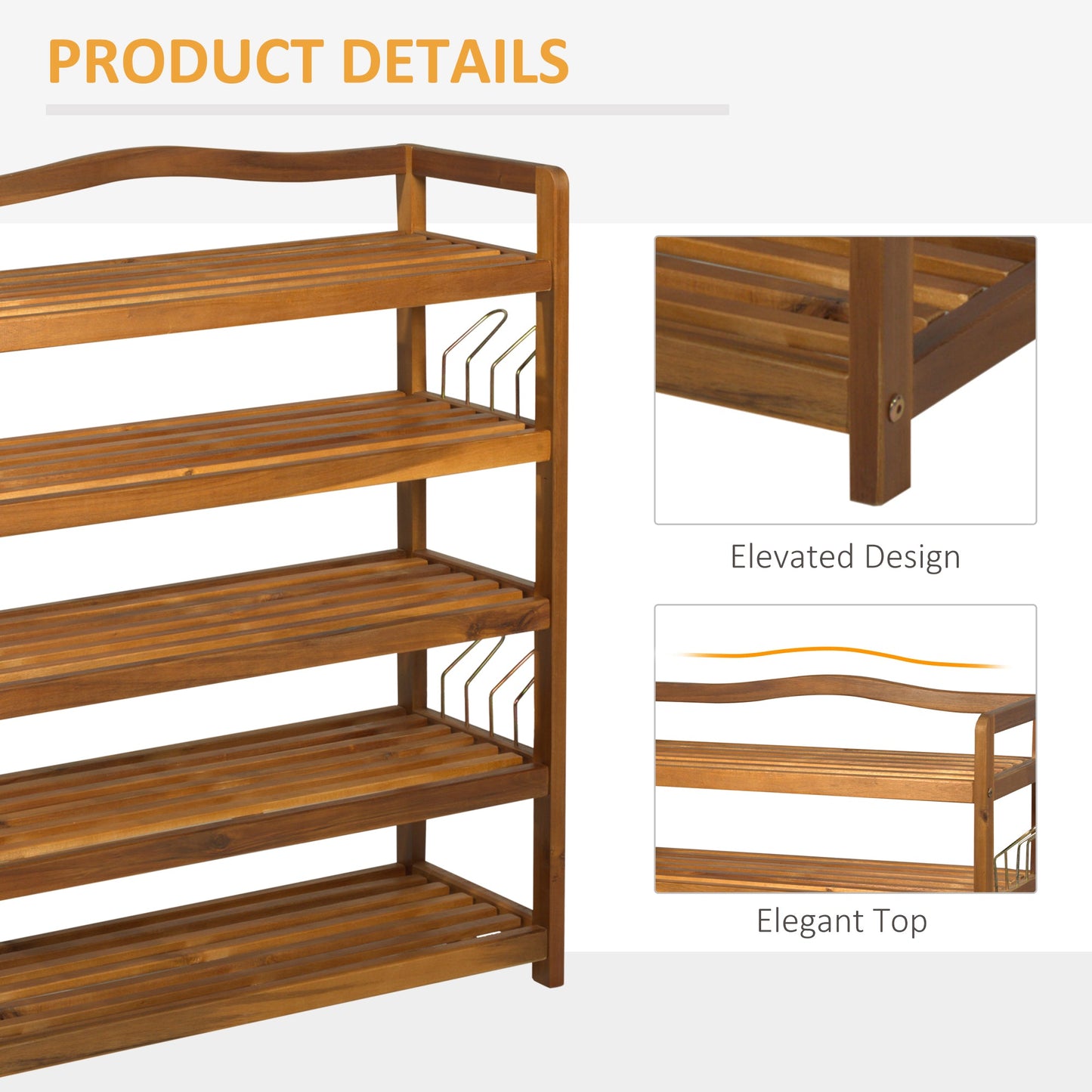 HOMCOM 5-Tier Shoe Rack, Acacia Wooden Shoe Storage Organiser with Hangers, Holds up to 24 Pairs, for Entryway, Living Room, 64 x 26 x 82 cm, Teak