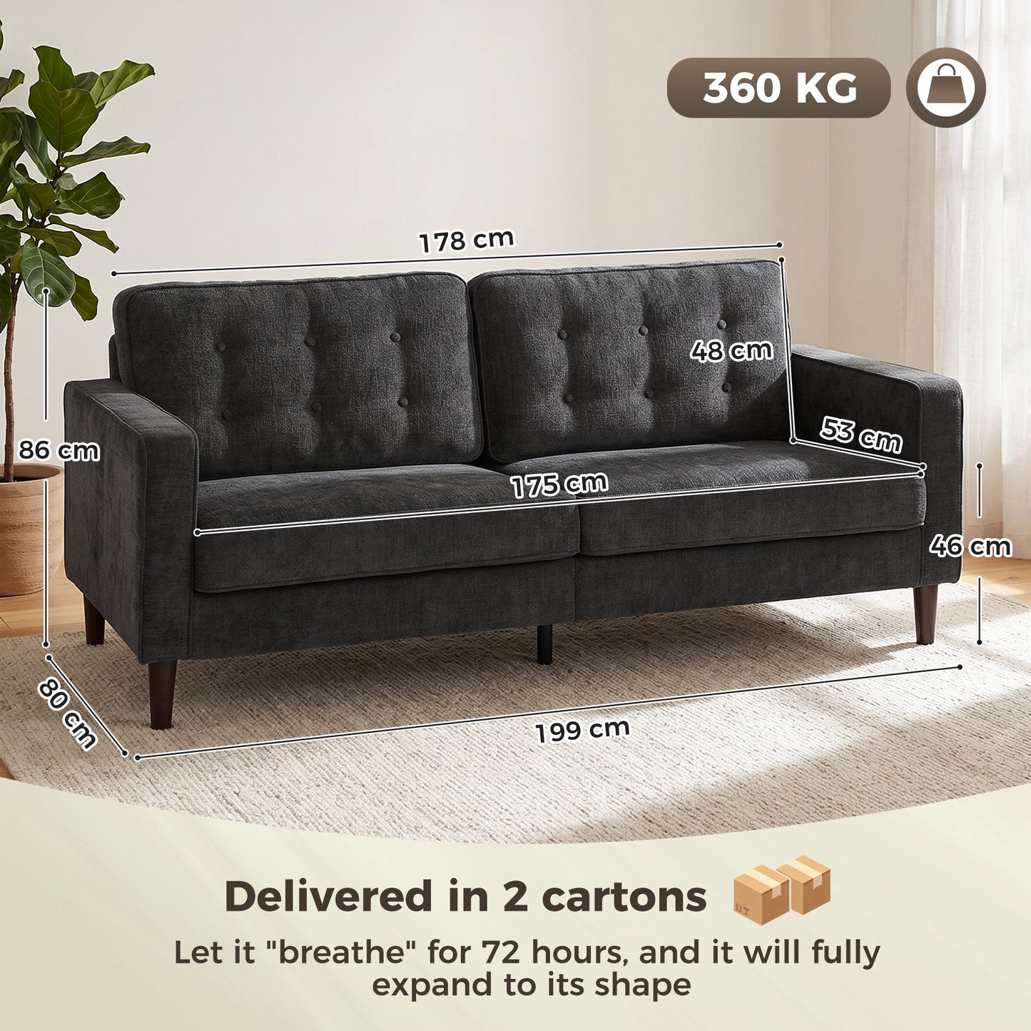 HOMCOM 3 Seater Sofa Button Tufted Upholstered Couch with Wood Legs for Living Room, Dark Grey