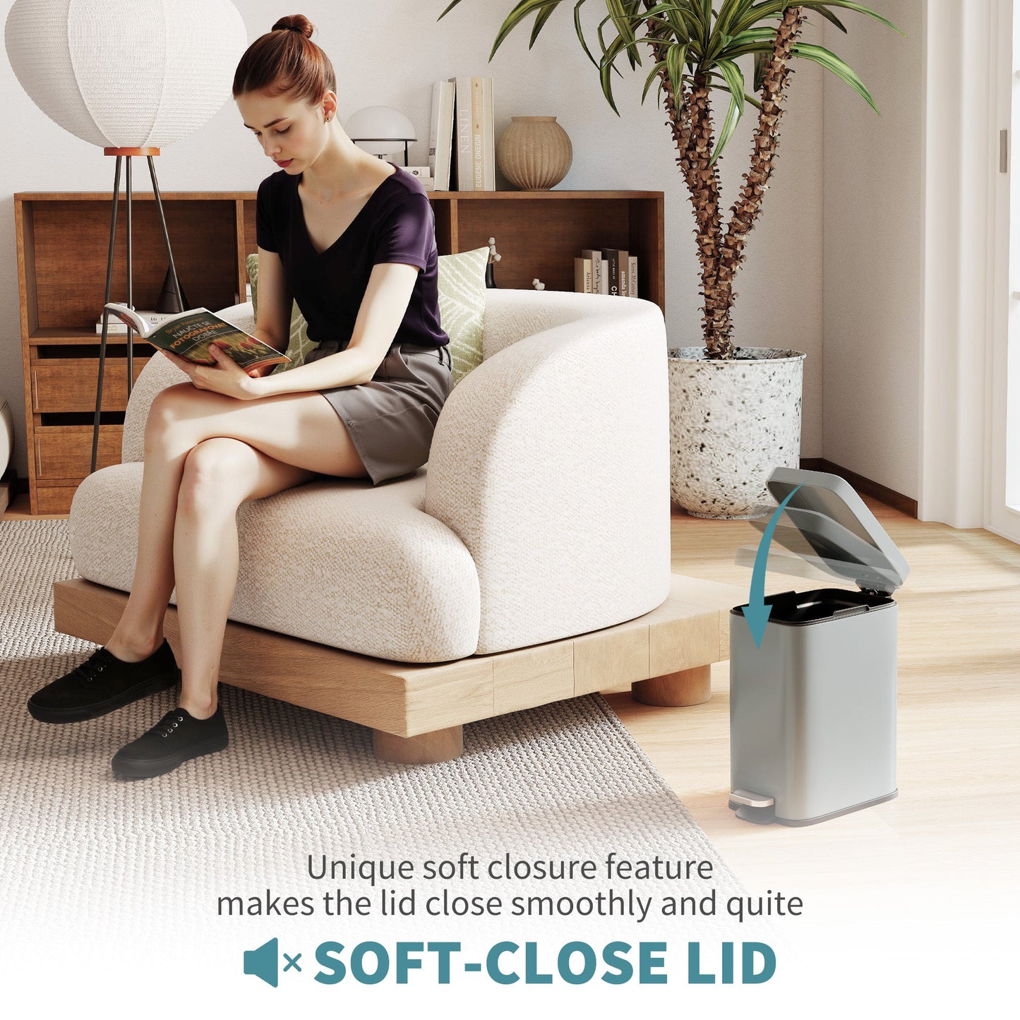 HOMCOM 5L Rectangular Compact Bin Steel Body Removable Bucket Quiet-Close Lid w/ Pedal Lid Rubbish Trash Can Home Office Bedroom Bathroom Living Room Garbage Tidy Clean Grey