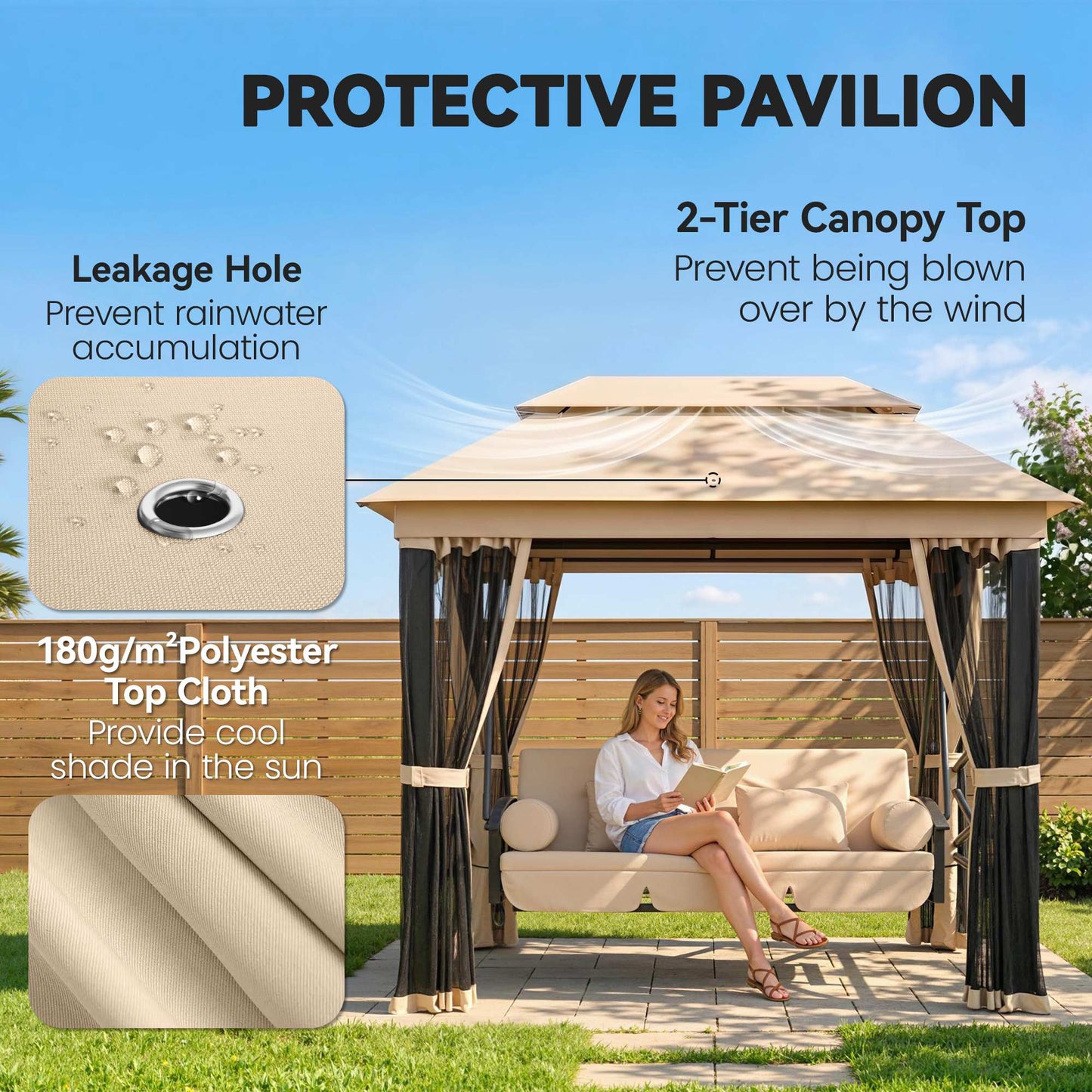 Outsunny 3 Seater Swing Chair 3-in-1 Convertible Garden Swing Seat Bed Gazebo Patio Bench Outdoor with Double Tier Canopy, Cushioned Seat, Mesh Sidewalls, Beige
