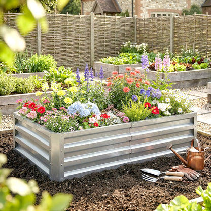 Outsunny Raised Beds for Garden, Galvanized Outdoor Planters, for Herbs and Vegetables, Use for Patio, Backyard, Balcony, Silver
