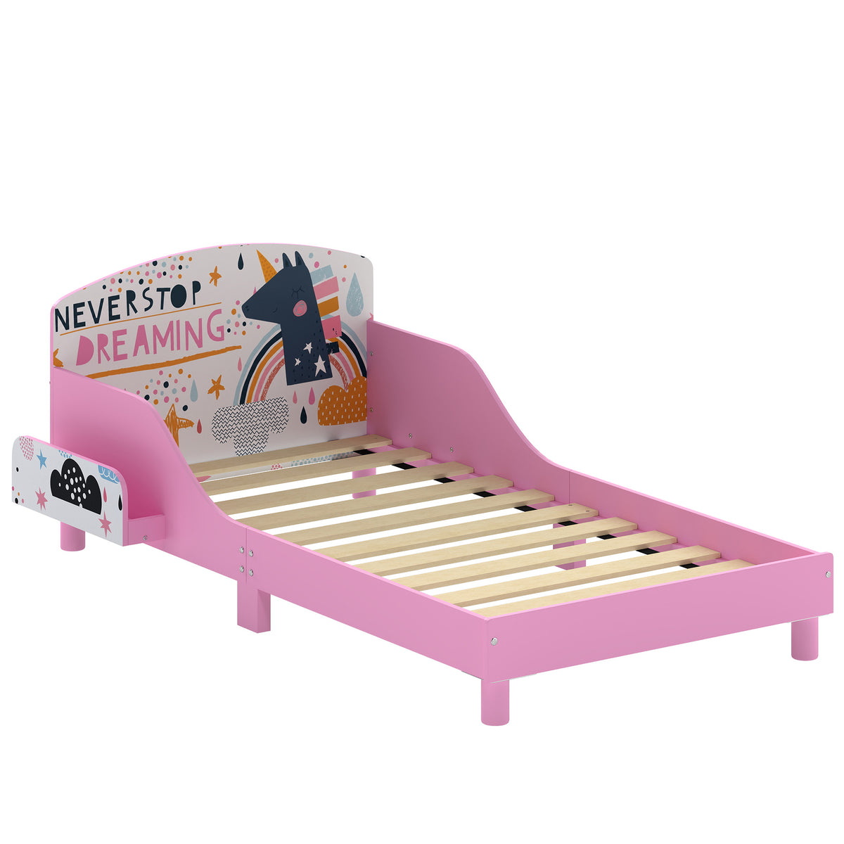 AIYAPLAY Toddler Bed with Bedside Storage and Guard Rails for 3-8, Fits 140 x 70 x 10cm Mattress, Pink Girl Print