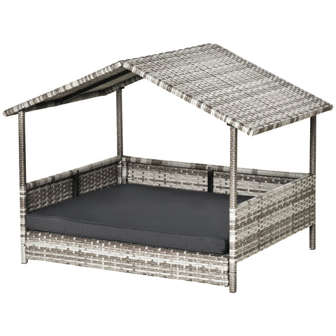 PawHut Wicker Dog House, Rattan Pet Bed, with Removable Cushion, Canopy, for Small and Medium Dogs - Dark Grey