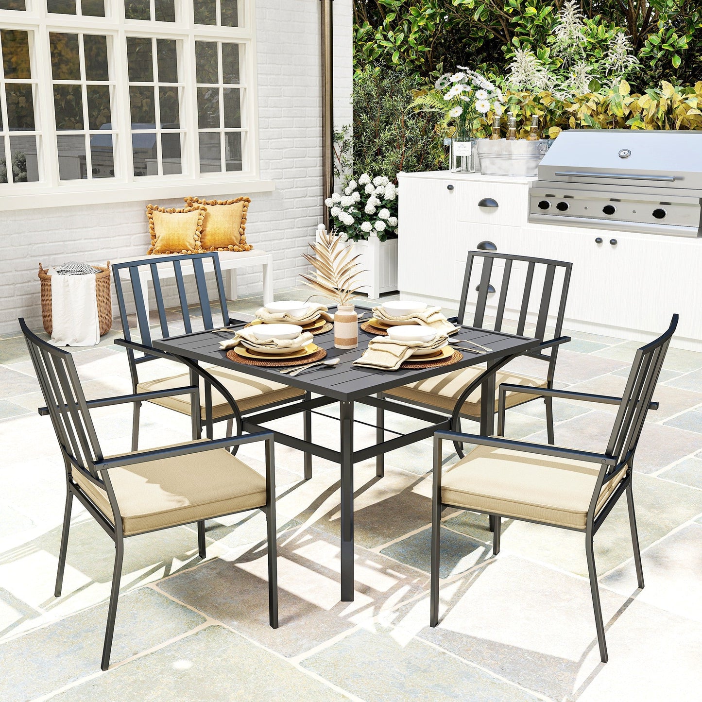 Outsunny 5 Pieces Garden Dining Set with Cushions, Outdoor Patio Table and 4 Stackable Chairs, Metal Top Table with Umbrella Hole, Black
