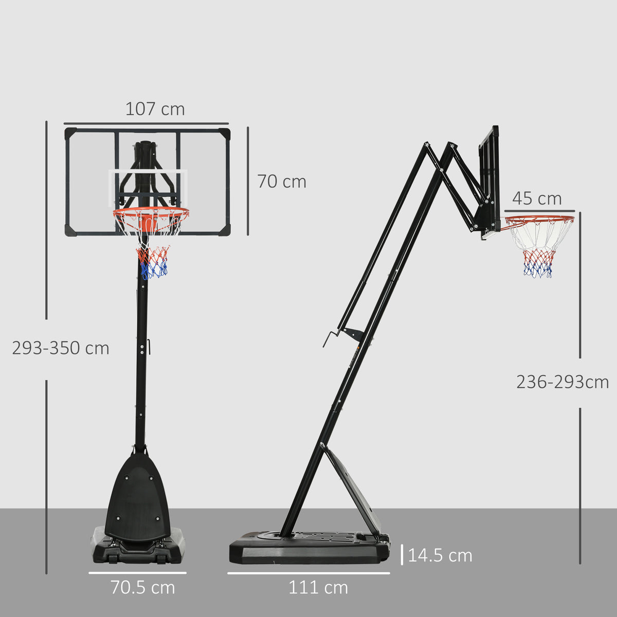 SPORTNOW 2.4-2.9m Adjustable Basketball Hoop and Stand with Weighted Base, Portable on Wheels, Black