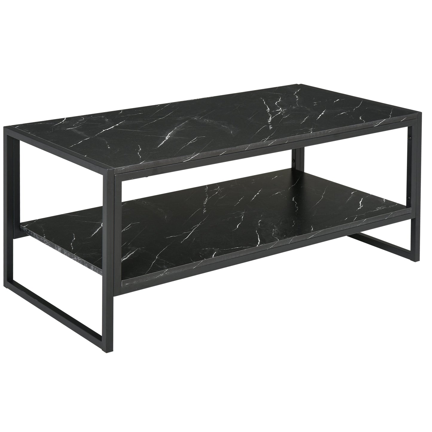 HOMCOM Coffee Table, Two-Tier Faux Marble Effect Centre Table with Metal Frame and Storage Shelf for Living Room, 106 x 50 x 45cm, Black