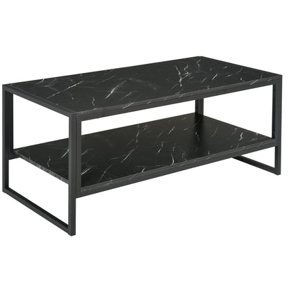 HOMCOM Coffee Table, Two-Tier Faux Marble Effect Centre Table with Metal Frame and Storage Shelf for Living Room, 106 x 50 x 45cm, Black