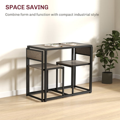 HOMCOM Dining Table and Chairs Set 2, Dining Room Sets, Rectangular Space Saving Table and 2 Chairs for Compact Kitchens, Steel Frame, Grey Wood-Effect