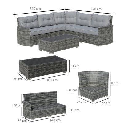 Outsunny 4 Pieces Outdoor PE Rattan Sofa Set, Patio Wicker Sectional Conversation Aluminium Frame Corner Sofa Set, w/ Padded Cushion & Topper Tea Table, Mixed Grey