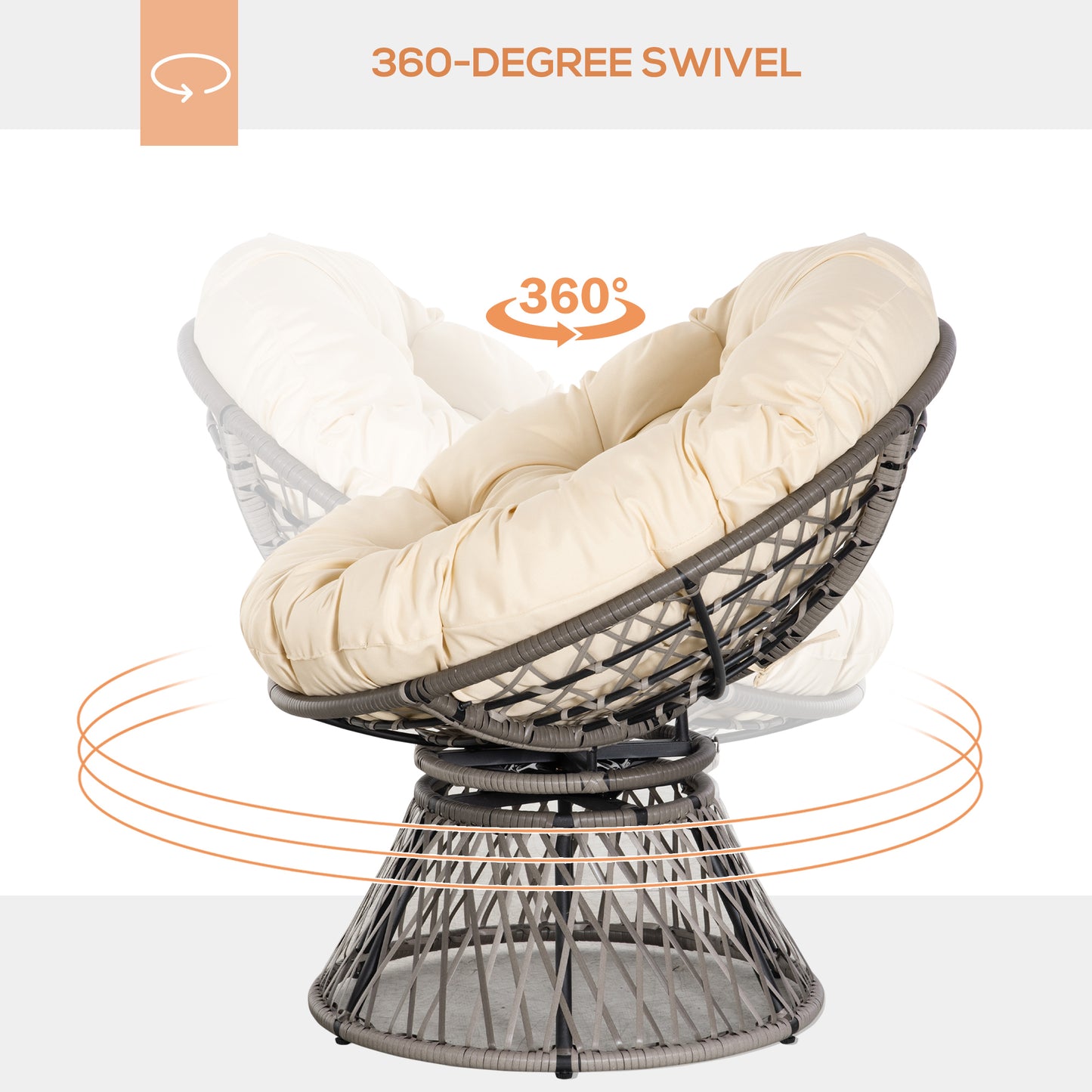 Outsunny 360Â° Swivel Rattan Moon Bowl Chair Round Lounge Garden Wicker Basket Seat with Padded Cushion Oversized for Outdoor Indoor, Beige