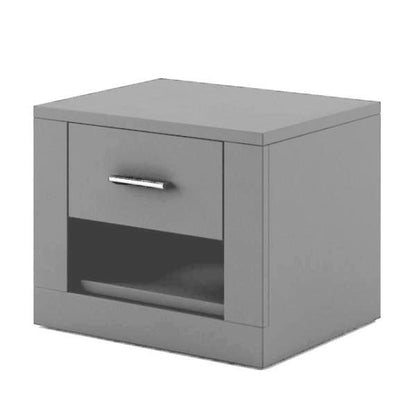 Gray nightstand with a single drawer on a white background