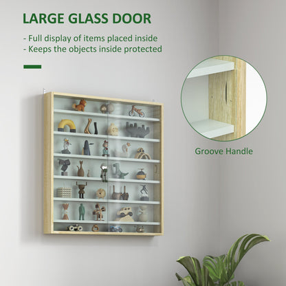 HOMCOM 7-Tier Wall Display Shelf Unit Cabinet w/ 6 Adjustable Shelves Glass Doors Home Office Ornaments 83x80cm, Oak