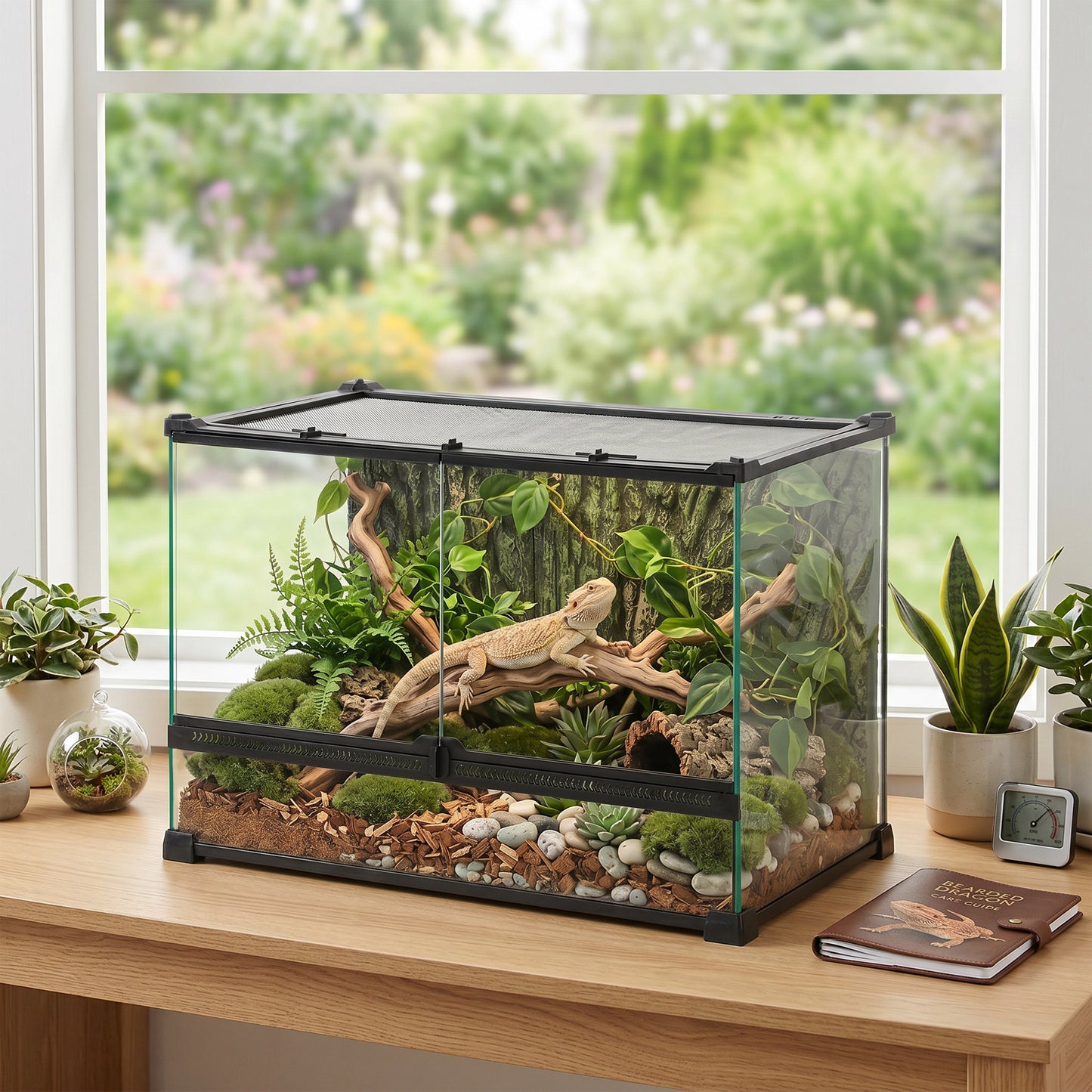 PawHut Reptile Glass Terrarium with Stone Background, Front Ventilation, Escape-Proof Knob Lock, 50 x 30 x 35 cm, Black