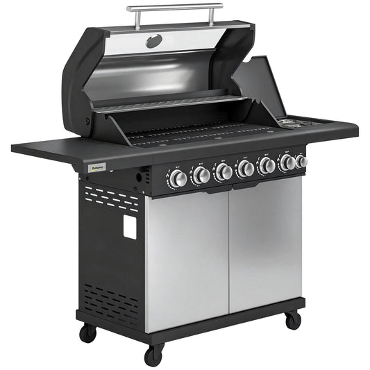 Outsunny 6+1 Burner Gas BBQ Grill, Outdoor Barbecue Trolley with Wheels, Warming Rack, Thermometer, Bottle Opener, Silver Tone