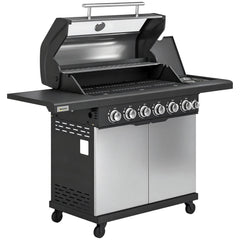 Outsunny 6+1 Burner Gas BBQ Grill, Outdoor Barbecue Trolley with Wheels, Warming Rack, Thermometer, Bottle Opener, Silver Tone