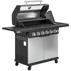 Outsunny 6+1 Burner Gas BBQ Grill, Outdoor Barbecue Trolley with Wheels, Warming Rack, Thermometer, Bottle Opener, Silver Tone