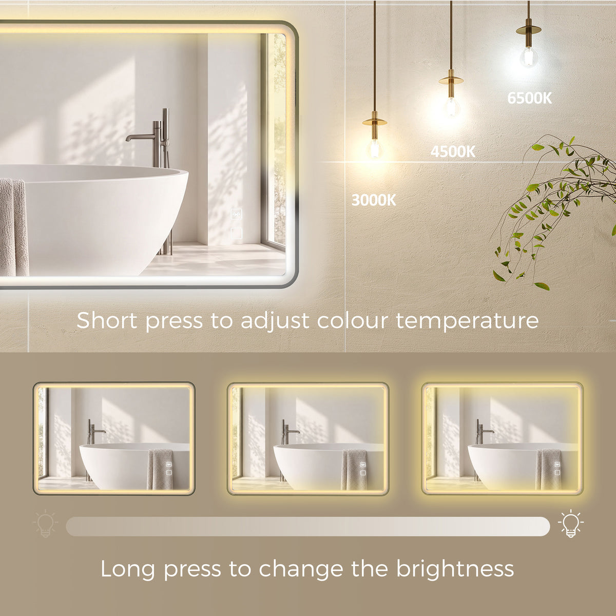 HOMCOM Bathroom Mirror with LED Lights, 100x70cm Rectangle Bathroom Mirror, Dimmable, Bluetooth, Anti-Fog, Black