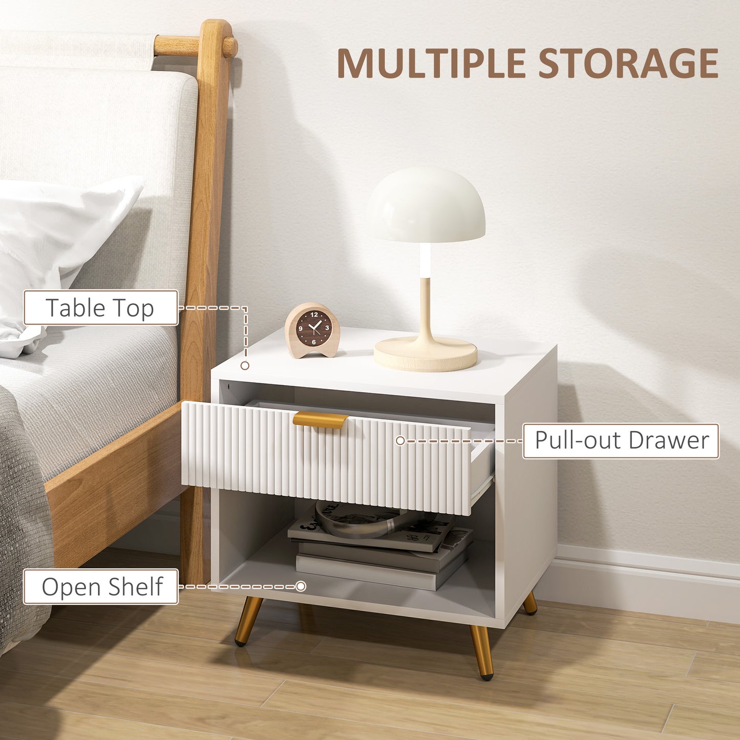 HOMCOM Bedside Tables Set of 2, Bedside Cabinets With Drawer and Open Compartment, Nightstands With Handle for Bedroom, Living Room, White