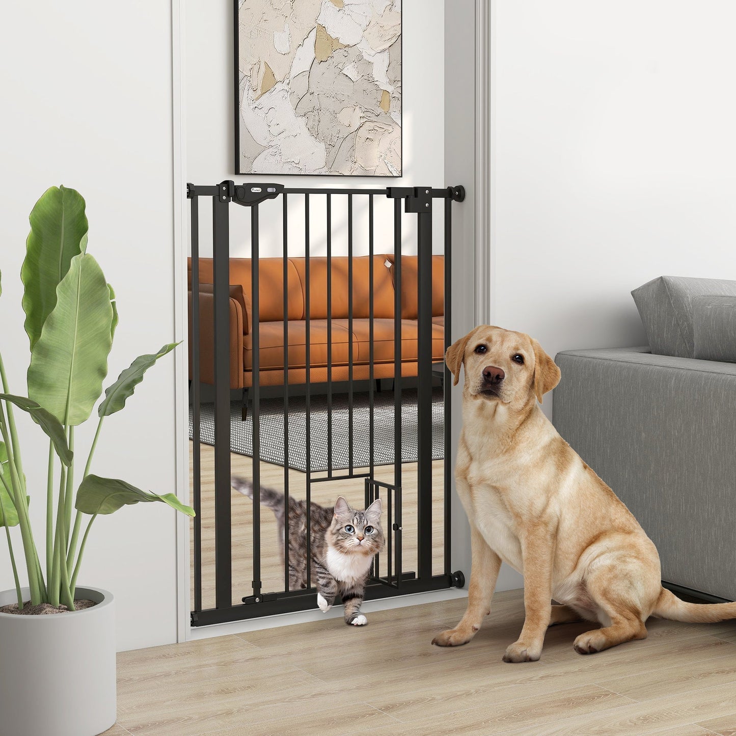 PawHut Extra Tall Pet Gate, Indoor Dog Safety Gate, with Cat Flap, Auto Close, 74-80cm Wide - Black