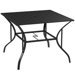 Outsunny 94 x 94 cm Garden Table with Parasol Hole, Outdoor Dining Garden Table for Four with Slatted Metal Plate Top, Black