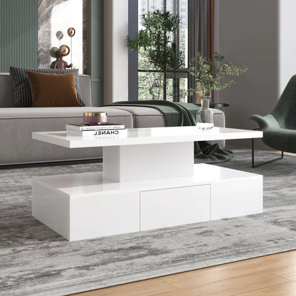 High-Gloss Coffee Table with Drawer, Two Storage Levels and LED Light, 100x50x39 cm, White