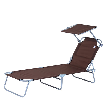 Outsunny Outdoor Foldable Sun Lounger, 4 Level Adjustable Backrest Reclining Sun Lounger Chair with Angle Adjust Sun Shade Awning for Beach, Garden, Patio, Brown