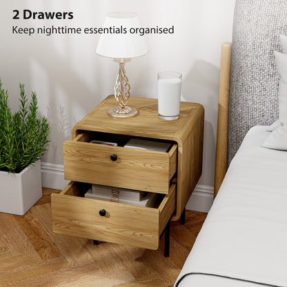 HOMCOM Bedside Table with 2 Drawers and Steel Legs - Oak