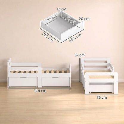 AIYAPLAY Wooden Kids Bed Frame with 2 Storage Drawers and Guard Rails for Ages 4-14, 144 x 76 x 57 cm (No Mattress), White