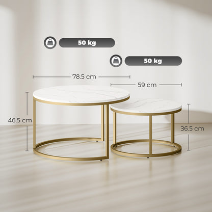 HOMCOM 2 Pcs Stacking Coffee Table Set Nesting Tables with Steel Frame for Living Room Marble White/Gold