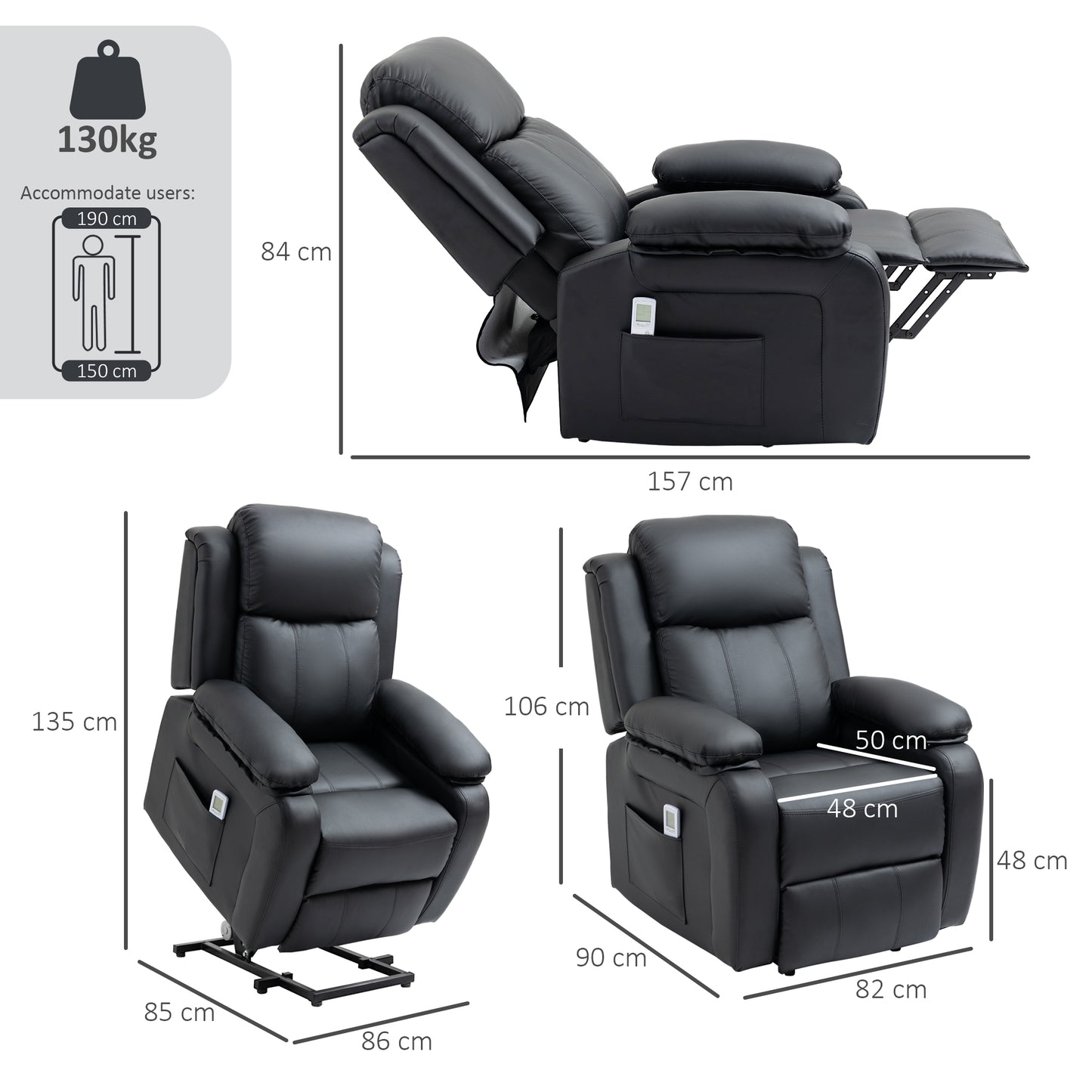 HOMCOM Riser and Recliner Chair with Vibration Massage, PU Leather Power Lift Chair for Elderly, Black