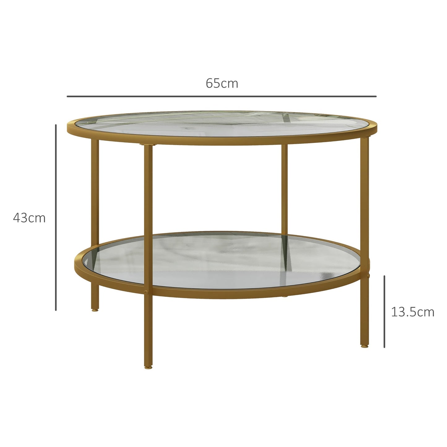 HOMCOM Round Coffee Table with Storage, 2-Tier Tempered Glass Coffee Table with Steel Frame for Living Room, Gold Tone