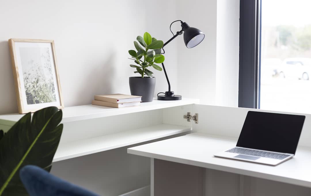 Modern home office with a desk, laptop, lamp, and plants.