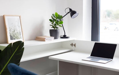 Modern home office with a desk, laptop, lamp, and plants.